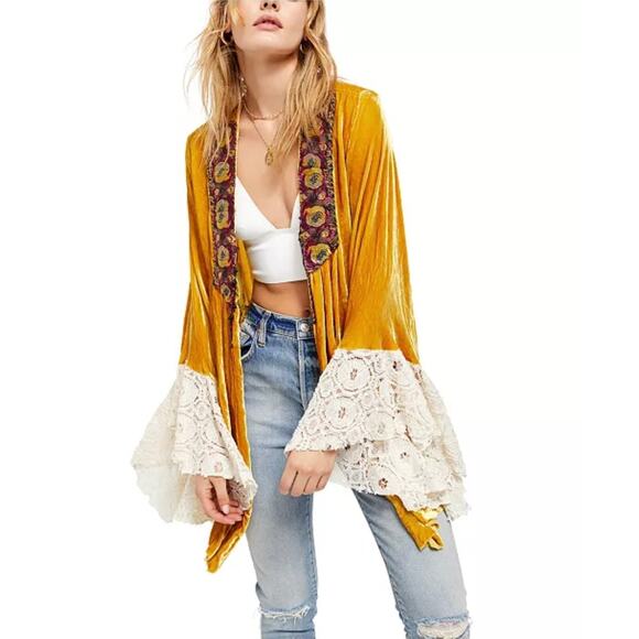 Free People Wanderlust Jacket XS Velvet Renaissance Embroidered Lace Sweater